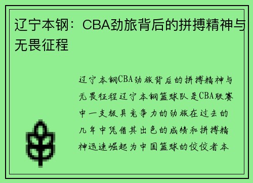 辽宁本钢:CBA劲旅背后的拼搏精神与无畏征程 辽宁本钢:CBA劲旅背后的拼搏精神与无畏征程