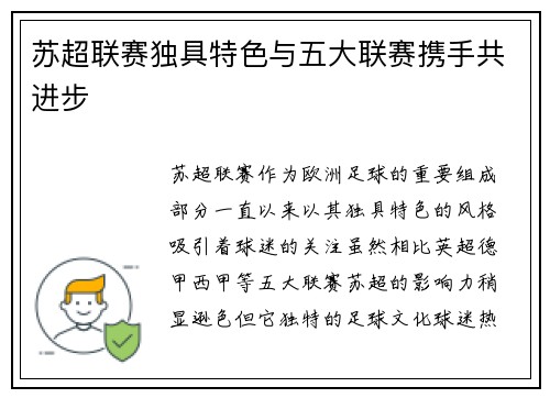 苏超联赛独具特色与五大联赛携手共进步 苏超联赛独具特色与五大联赛携手共进步