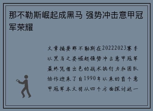 那不勒斯崛起成黑马 强势冲击意甲冠军荣耀 那不勒斯崛起成黑马 强势冲击意甲冠军荣耀